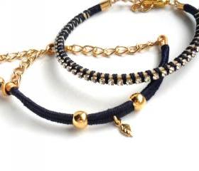 Friendship Bracelets Navy blue Hand woven in silk crystal chain gold filled beads Set of two Bridesmaid Wedding