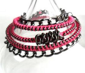 Leather wrap Hot Pink Gunmetal chain Trendy Spring Summer 2013