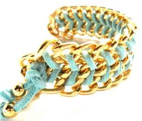 Chunky Gold Chain Mint Chevron leather Bracelet pastel fashion Curved Chain Bracelet