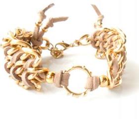 Chevron leather Bracelet Gold circle Curved Chain Bracelet Cuff Bracelet