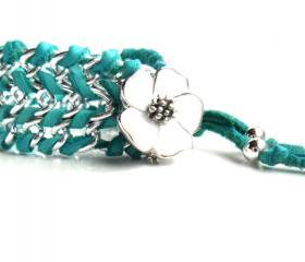 Turquoise Leather Chain Bracelet Enamel Flower. Deerskin chain cuff Teal Summer 2013
