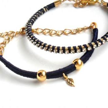Friendship Bracelets Navy blue Hand woven in silk crystal chain gold filled beads Set of two Bridesmaid Wedding