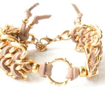 Chevron leather Bracelet Gold circle Curved Chain Bracelet Cuff Bracelet